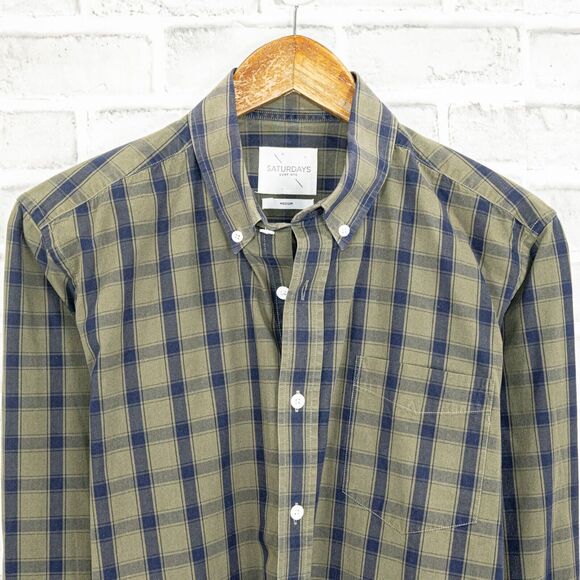 SATURDAYS Surf NYC Men's Button Down Shirt Green Blue Check Size Medium - Picture 3 of 6